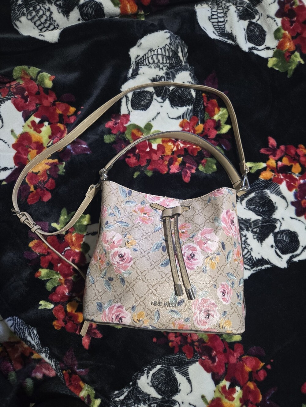 Nine West Beige Floral Drawstring Shoulder Bag